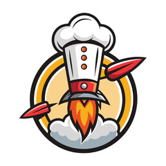 Obraz premium Modern chef hat with rocket launch concept, creative fast food delivery logo design, innovative restaurant branding vector illustration template