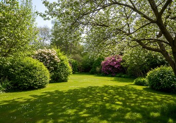 Obraz premium A beautiful, sunlit garden with a perfectly manicured lawn and blooming trees