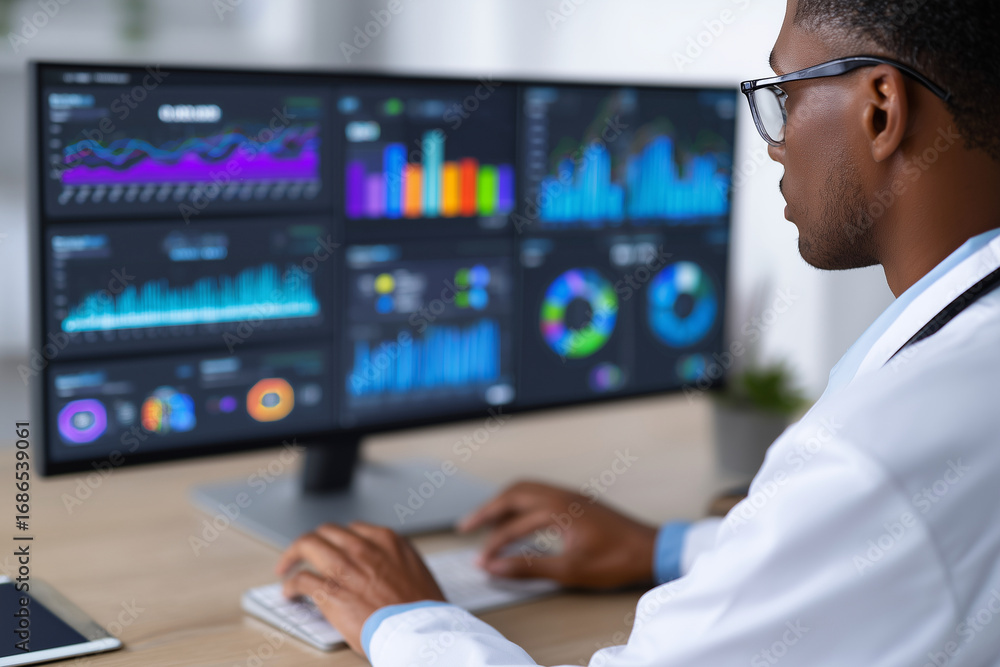 Poster a man in a white lab coat is working on a computer monitor with multiple graphs