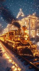 Obraz premium Concept of a golden train decorated with Christmas lights and snowflakes moving along tracks in front of an elegant white palace, creating a festive 2026 Christmas and New Year card. copy space