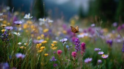 Close-up of a field of wildflowers. the flowers are in various shades of purple, pink, and yellow, with some white and yellow daisies scattered throughout.
