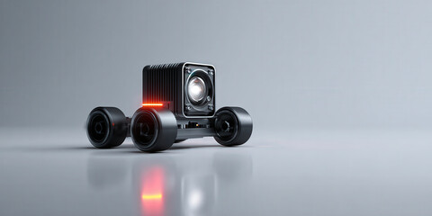 Sleek, minimalist autonomous vehicle sensor module with futuristic design on clean background, featuring central lens and four wheels