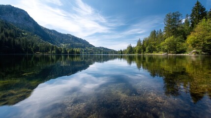 Fototapeta premium Beautiful landscape of a lake surrounded by trees and mountains. the lake is calm and still, reflecting the sky and the surrounding landscape.