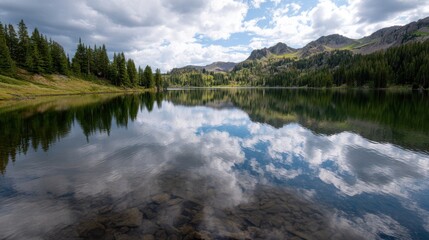 Fototapeta premium Landscape photograph of a beautiful mountain lake. the lake is calm and still, reflecting the sky and clouds above. the water is a deep blue-green color and is surrounded by rocks and boulders.