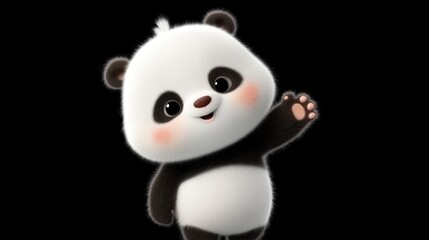 Cute Cartoon Panda Waving Cheerfully Against a Black Background with Adorable Expression
