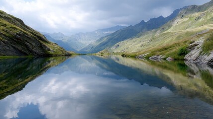Obraz premium Landscape photograph of a beautiful mountain lake. the lake is calm and still, reflecting the sky and the surrounding mountains.