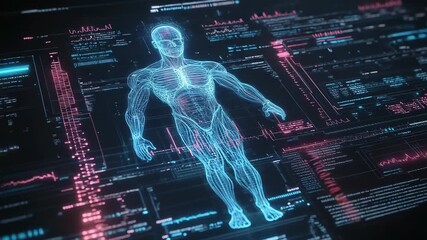 Futuristic interface showing human body wireframe model with data analysis displaying on screen - Powered by Adobe