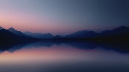 Fototapeta premium Landscape photograph of a mountain range reflected in a calm lake. the sky is a gradient of blue and pink, with the sun setting on the horizon.