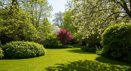 A beautiful, sunlit garden with a perfectly manicured lawn and blooming trees