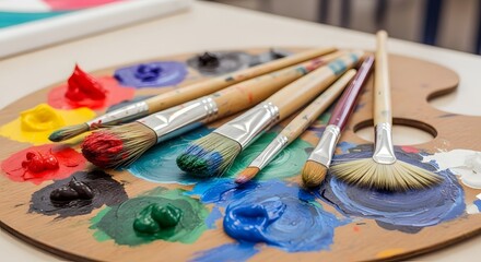 Obraz premium Paint Brushes With Palette Art Education School Concept