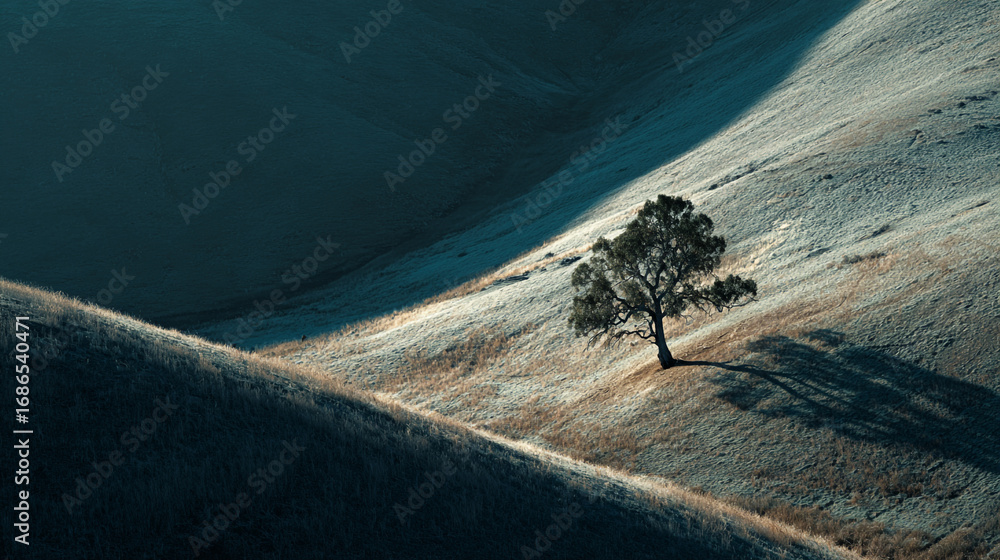 Poster a lone tree on a hillside with a dark blue background and light and shadow patterns on the grass