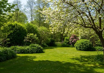 Obraz premium A beautiful, sunlit garden with a perfectly manicured lawn and blooming trees