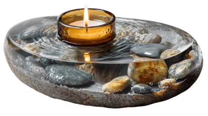 Lit candle in a glass holder with water and stones creating a peaceful zen atmosphere indoors