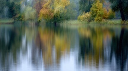 Fototapeta premium Landscape photograph of a lake with trees reflected in the water. the trees are in various shades of green, orange, and yellow, creating a beautiful contrast against the blue sky.