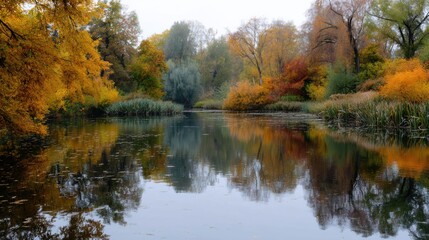 Landscape photograph of a lake surrounded by trees. the trees are in various shades of orange, yellow, and red, creating a beautiful autumnal scene.