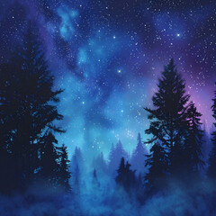 Fototapeta premium 青い星空に包まれた針葉樹の森の夜