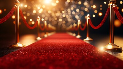 Glamorous red carpet with bright bokeh lights.