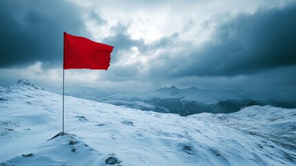 A red flag waves on a snowy mountain peak.
