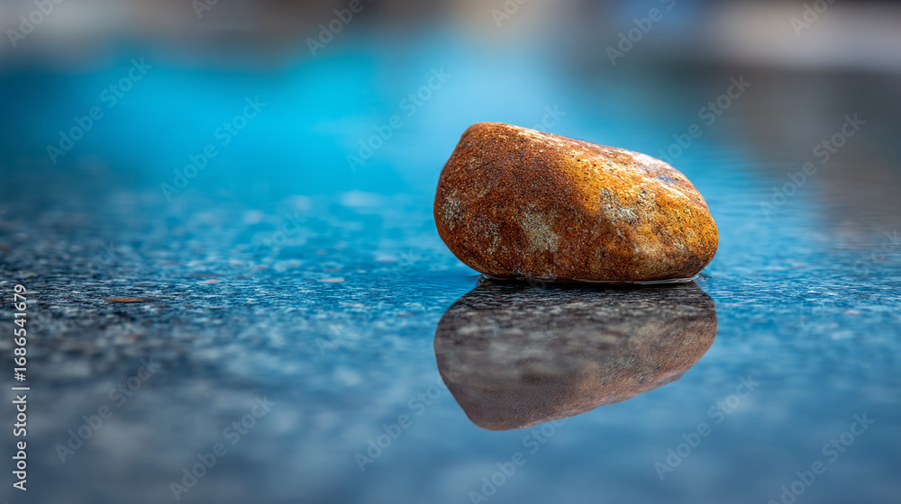 Poster a single rock resting on a reflective surface with a blurred blue background in a close up shot