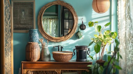 Cozy bohemian bathroom interior design with rattan mirror and plants