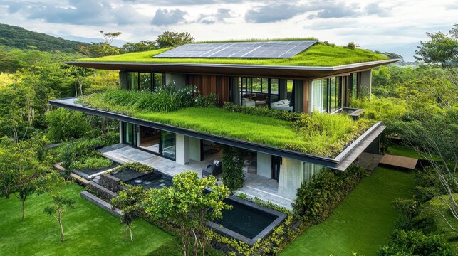 Modern green house showing sustainable architecture and solar panels on green roof
