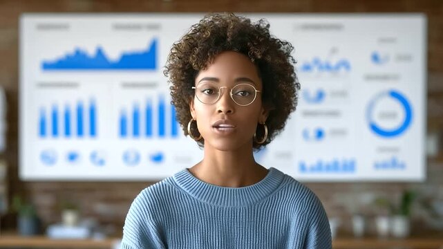 businesswoman presenting a digital marketing report showing Google My Business rankings, citation growth, keyword density analysis, long-tail keyword strategies, PPC performance