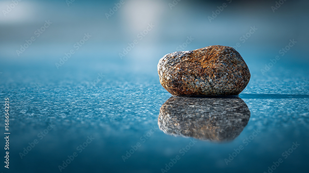 Poster a single rock sits on a reflective surface casting a clear mirror image in the blue background space