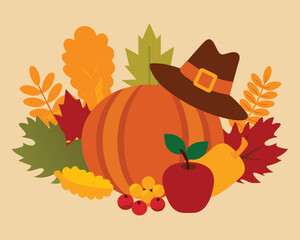 Thanksgiving Harvest Still Life with Pumpkin Apple Hat and Autumn Leaves