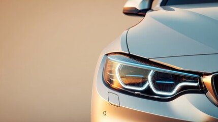 The elegant silver car with striking headlights against a soft backdrop