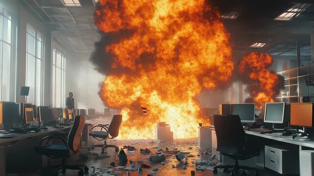 Huge explosion destroying modern office interior with fire and debris