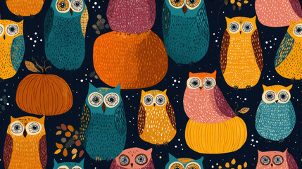 Seamless pattern with whimsical owls sitting on pumpkins in autumn colors on a dark background