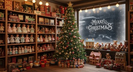 Festive Toy Shop Filled with Christmas Cheer and Presents Under the Tree