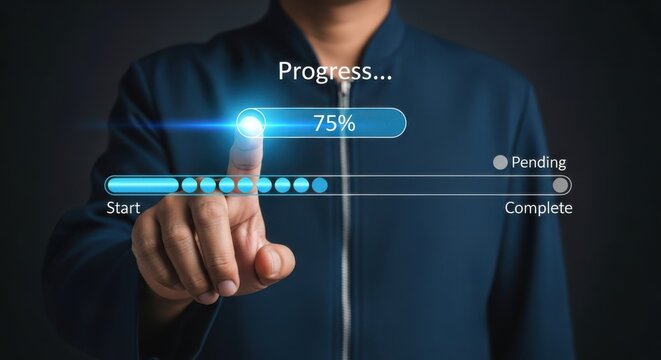 A persons finger touches a progress bar indicating 75 completion on a digital interface
