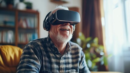 Senior man using virtual reality headset at home, exploring metaverse and smiling