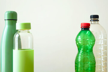 Plastic, metal and glass bottles. Disposable and reusable water containers. Daily hydration...