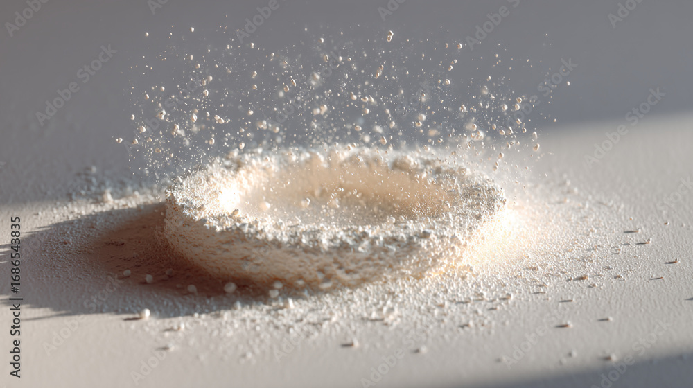 Poster A dynamic shot of white powder exploding upwards creating a crown like shape on a white surface