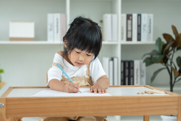 Naklejka premium Happy Asia child play and learn drawing picture and cartoon. Funny family is happy and excited in the house. Mother and daughter having fun spending time together. Holiday, Activity