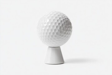 White ceramic golf ball on a small pedestal, isolated on white background