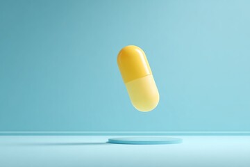 A yellow capsule levitates above a small, pale blue platform against a light blue background