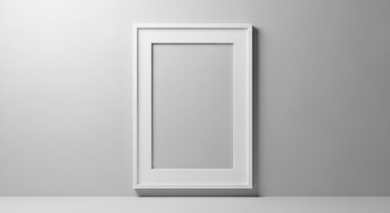 Minimalist white picture frame mockup against a neutral gray wall backdrop scene