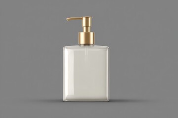 Square bottle with a gold pump dispenser, on a grey background