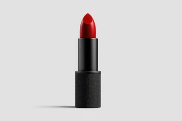 Single, red lipstick in black tube, isolated on white background