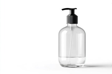 Clear glass bottle with black pump dispenser, partially filled with liquid, on white background