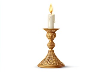 Ornate gold candlestick holding a single lit white candle
