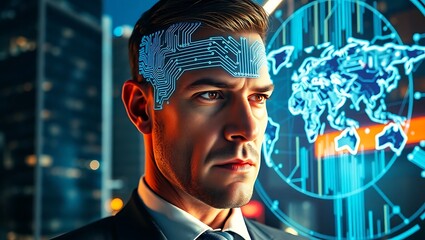 Man with circuit board design on head and world map interface in background at night in city