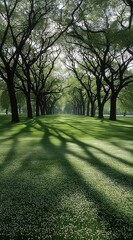 Long Sunlit Pathway Beneath Lush Green Trees Creating Dramatic Shadows on Fresh Grass 