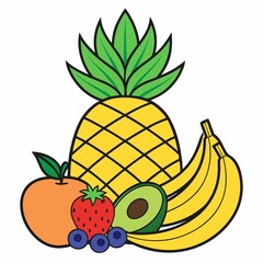 Vibrant Still Life of Assorted Fruits Pineapple Bananas Apple Strawberry Avocado and Blueberries Arranged in an Eye Catching Display