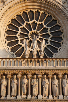 Notre Dame de Paris cathedral  : Kings's gallery and west rose window.  Paris. France.