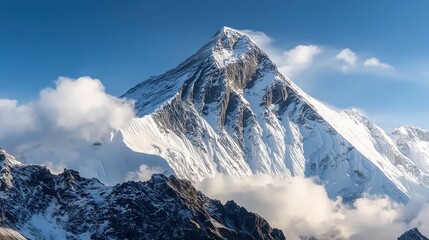 Majestic Snow-Capped Mountain Peaks Rising Above Ethereal Clouds in a Clear Blue Sky 
