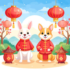 Fototapeta premium two dogs in chinese new year outfits.